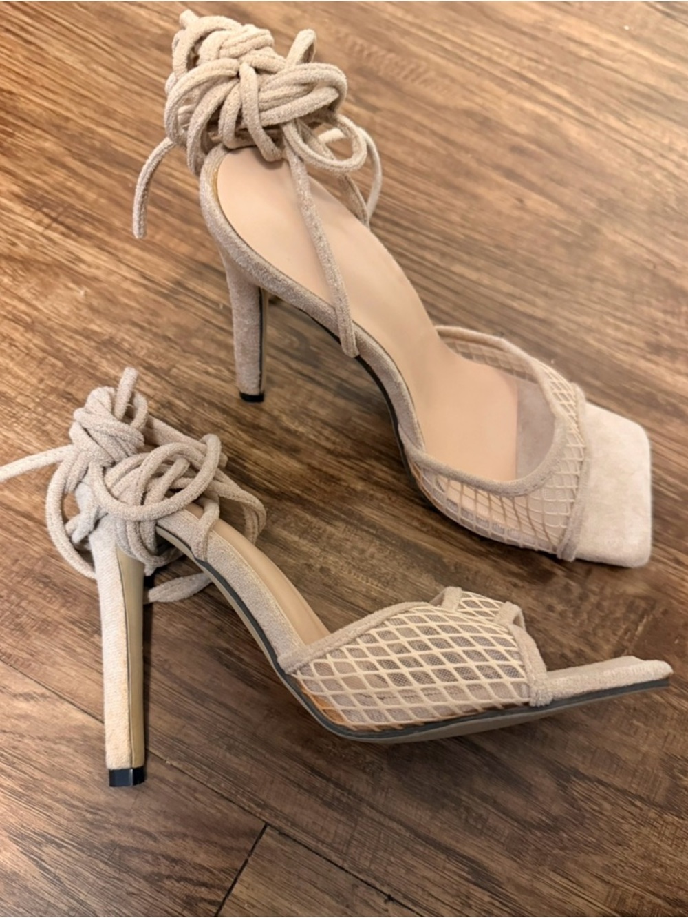 SHEIN Beige Lace-Up Suede Mesh Stiletto Sandals